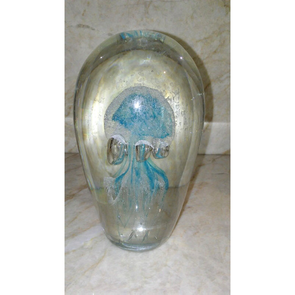 Jellyfish Glass 7" Tall Handblown Paperweight Ocean Man O War Light Blue Clear - Picture 10 of 10